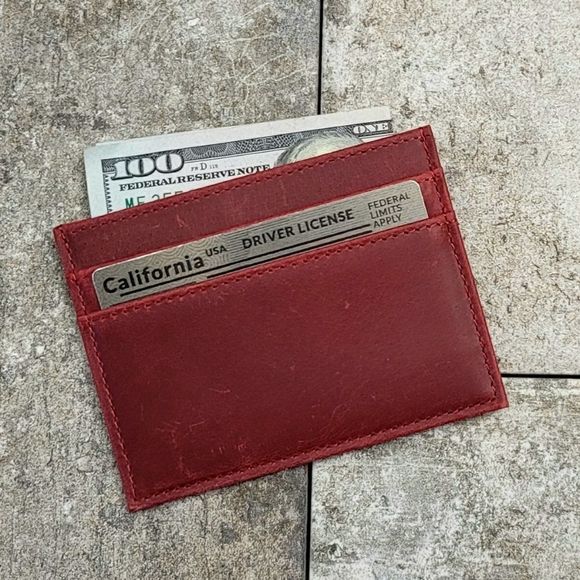 Men's Genuine Crazy Horse Leather Card Case Red - Picture 2 of 6